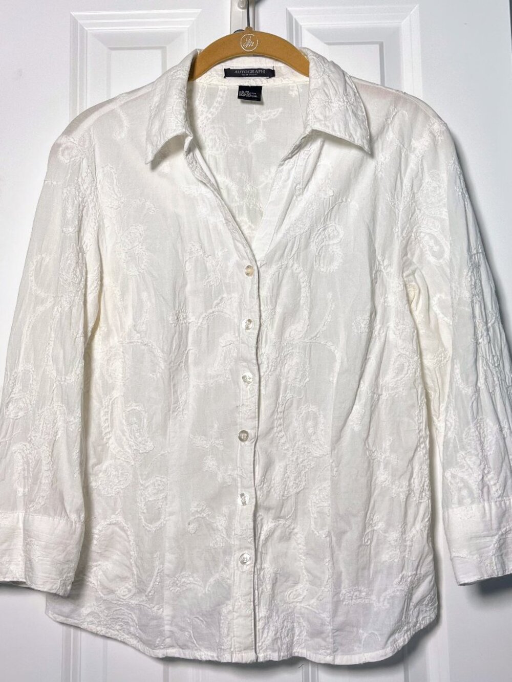 Autograph New York White Cotton Paisley Embroidered Button Down M Coastal